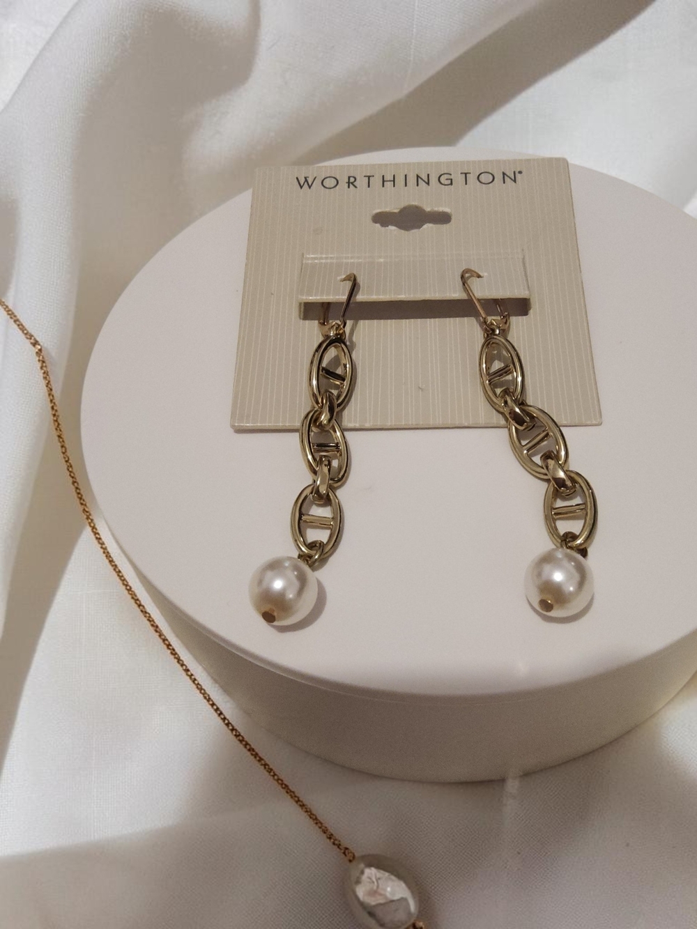Worthington Gold Chain Link Drop Earrings with Pearl Accent